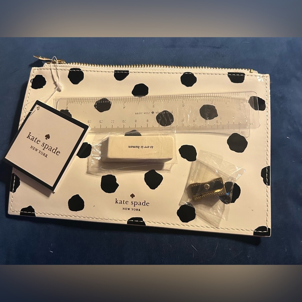 Kate Spade Polka dot pencil pouch, eraser, ruler, and pencil sharpener